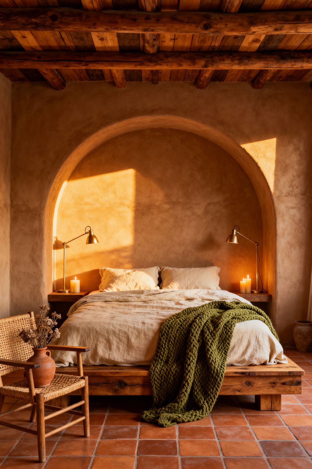 A rustic bedroom features a low reclaimed-wood platform bed tucked inside a large arched plaster niche. Sunlight washes warm clay walls, highlighting natural linen bedding, an olive chunky knit throw, brass reading lamps and candles on built-in ledges, a woven rush chair with a terracotta vase, plus a ceiling of exposed timber beams and square terracotta floor tiles.