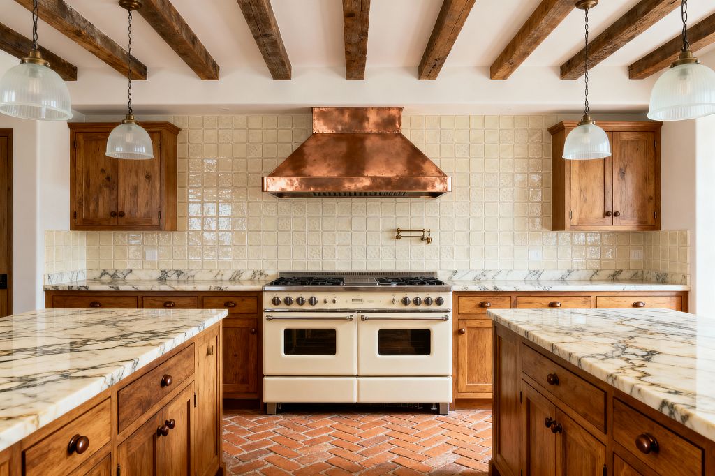 A symmetrical traditional kitchen features an ivory range centered beneath a patinated copper hood, flanked by warm knotty wood cabinets. Two marble-topped islands mirror each other, facing a counter with handmade cream square tile backsplash and a brass pot filler. Exposed reclaimed wood ceiling beams and ribbed glass pendants hang above, while a herringbone terracotta brick floor completes the warm, old-world palette.