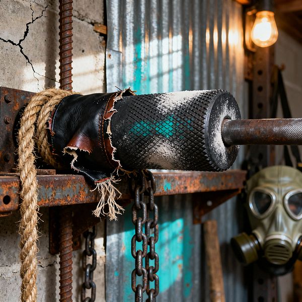 Close-up of a home gym corner in post-apocalyptic style showing a rusted steel rack, heavy chains, and a knurled barbell with a black textured roller dusted in chalk and wrapped in torn black-and-brown leather. A thick jute rope lies across the frame, with corrugated metal panels, teal paint streaks, a cracked concrete wall, a warm exposed bulb, and a hanging gas mask in the background.