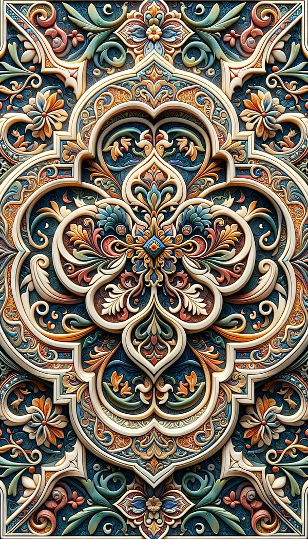 A close-up of a decorative tile with intricate Arabesque patterns combining floral and geometric motifs, in a rich color palette.