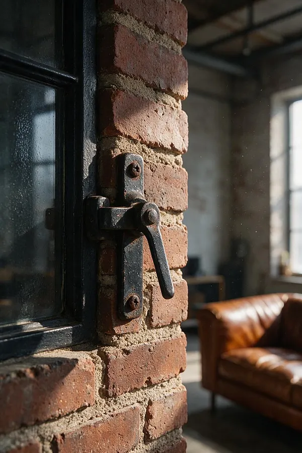 A close-up of a rugged brick wall beside a black-framed industrial window, featuring a matte black metal latch with visible screws and worn texture. In the blurred background, a tan leather sofa and large sunlit loft-style windows suggest a warm industrial living space.