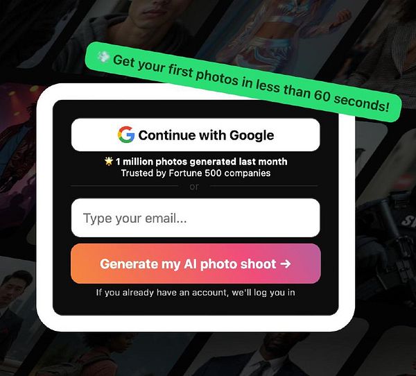 The image displays a sign-up box for an AI photo generation service.