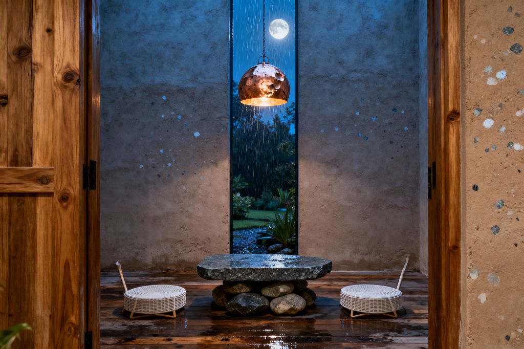 A minimalist Wabi-Sabi dining nook with a low, irregular dark stone table balanced on smooth river rocks, flanked by two white woven rattan floor chairs. Rough taupe plaster walls and warm wood frames surround a vertical window where rain falls under a full moon, while a weathered copper dome pendant casts soft amber light on the glossy wood floor.