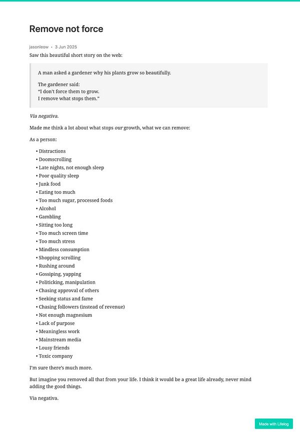 A reflective post discussing personal growth and the importance of removing negative influences from life.