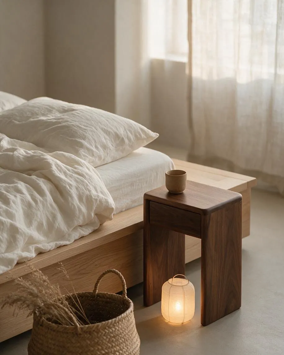 A calm Japandi bedroom vignette with a low wooden platform bed dressed in rumpled white linen bedding. A small dark wood stool with a cup sits beside the bed, while a softly glowing lantern and woven basket add warmth near a sheer curtained window.