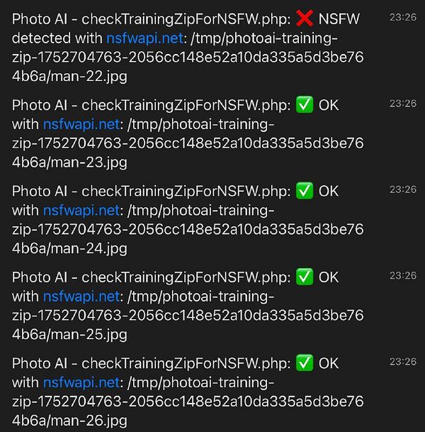 The image displays a log of NSFW detection results for training photos.