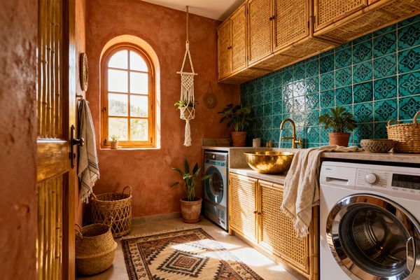 A bohemian laundry room with terracotta plaster walls and an arched wooden window flooding the space with sunlight. Cane-front base and overhead cabinets sit beneath a glossy teal patterned tile wall, framing a concrete counter with a hammered brass vessel sink and brass faucet; two front‑loading machines, potted plants, woven baskets, a macramé hanger, and a kilim rug complete the earthy scene.