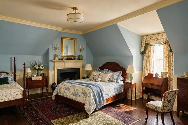 A traditional master bedroom with sloped blue walls, cream trim, and dark wood flooring. The room features two wooden beds with floral bedding, a central fireplace with a gold-framed mirror, floral drapes, small antique-style tables, and a patterned rug that adds rich color and warmth.