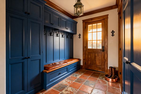 A traditional mudroom features deep navy built-in cabinets with raised-panel doors, crown molding, and a wall of black iron hooks above a bench with a caramel leather cushion and drawers. Terracotta floor tiles show natural variation, leading to a honey-stained wood door with divided glass panes and black hardware; warm white walls, matching wood trim, a glass lantern pendant, and a copper boot tray with tall boots complete the welcoming space.