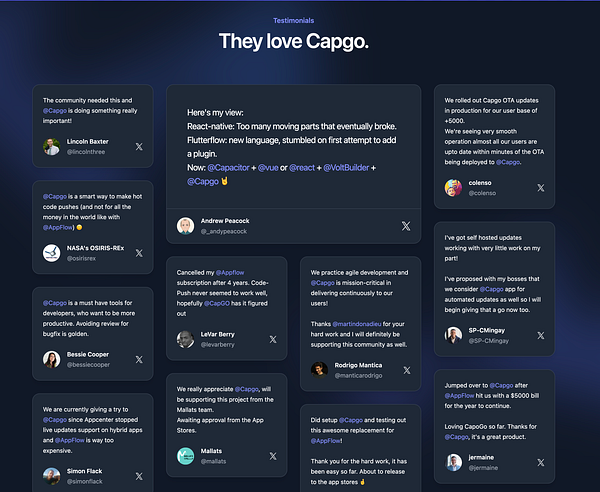 A collection of testimonials praising the Capgo platform, displayed in a visually appealing layout.