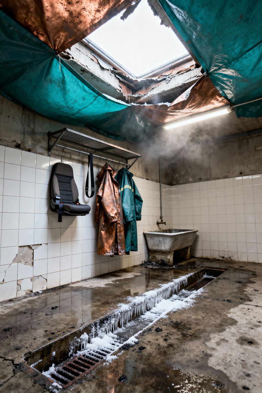 An industrial mudroom with cracked white tiles and a stained concrete floor features a long trench drain edged with icicles. On the wall, a metal shelf and hooks hold a copper-toned raincoat, a green raincoat, and a mounted car seat used as a perch. A heavy concrete utility sink sits below exposed piping. Overhead, a torn skylight is patched with teal tarpaulins, while a fluorescent strip and drifting steam create cold, harsh light.