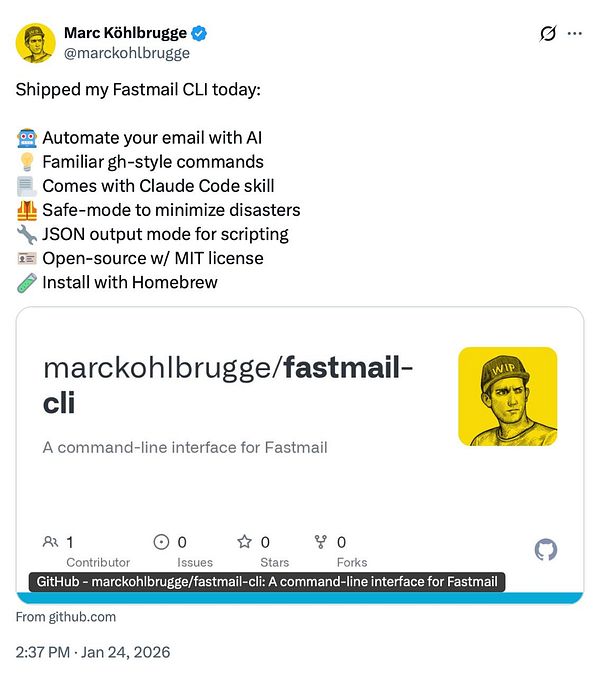 Screenshot of a terminal showing usage details for the Fastmail CLI tool.