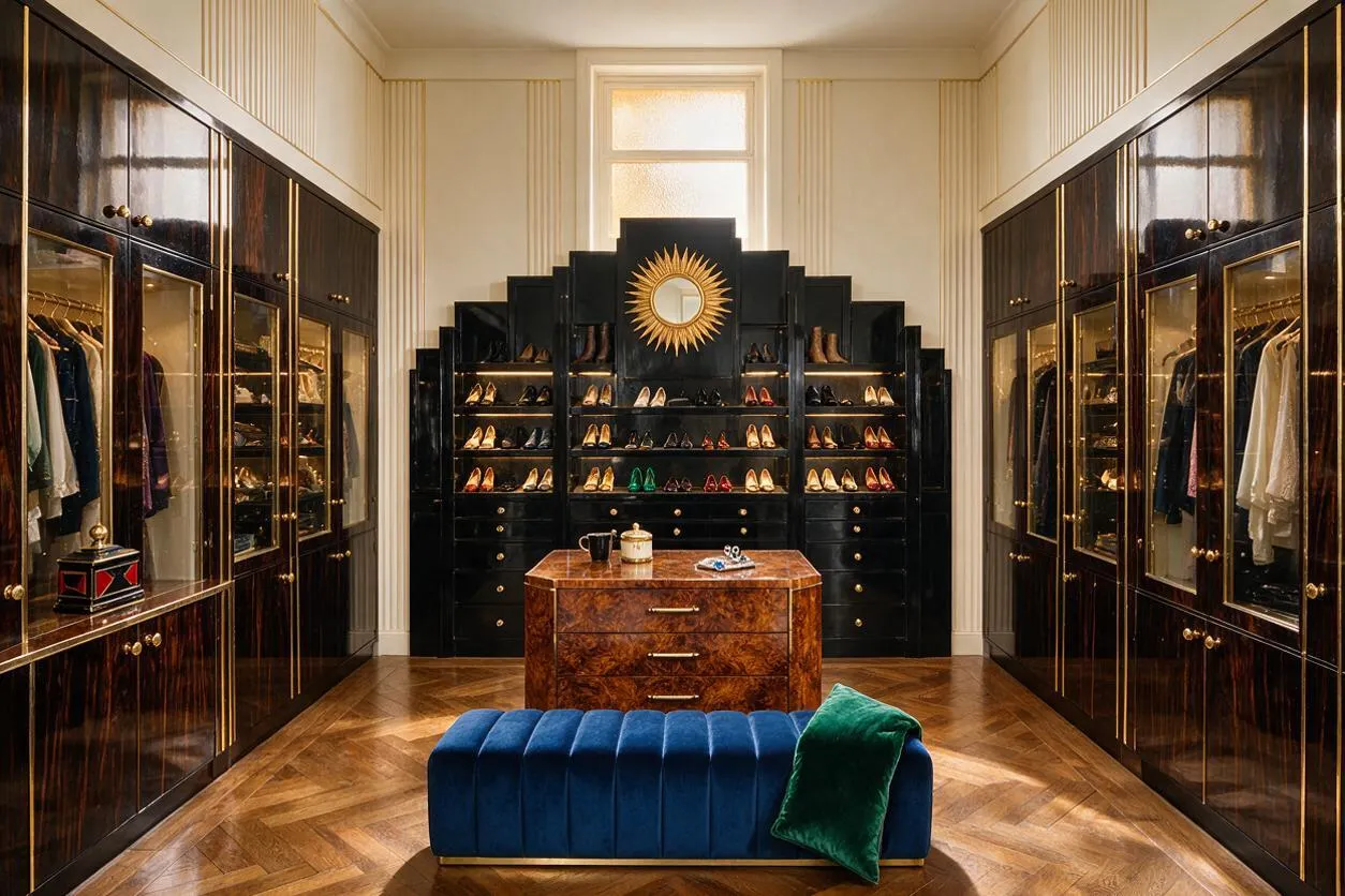 A symmetrical walk-in closet with glossy dark cabinetry, gold-trimmed glass display doors, and a stepped black back wall centered by a sunburst mirror. Clothing and shoes are neatly arranged on both sides, with a rich wood dresser, a blue velvet bench, and parquet flooring completing the elegant Art Deco look.