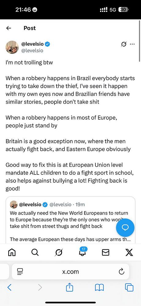 A Twitter post discussing the differences in responses to robberies in Brazil and Europe, emphasizing the need for European children to learn self-defense.