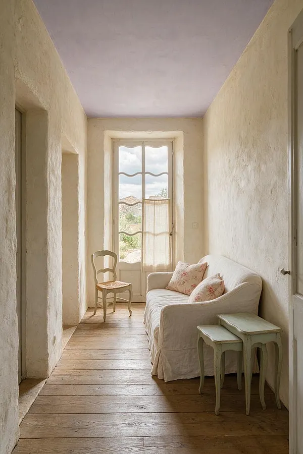 A narrow French Country front porch with white plaster walls, a pale lavender ceiling, and wide plank wood flooring. A slipcovered cream sofa with floral cushions sits beside a small pale green nesting table, with a painted wooden chair near a glass door and window that let in soft daylight.