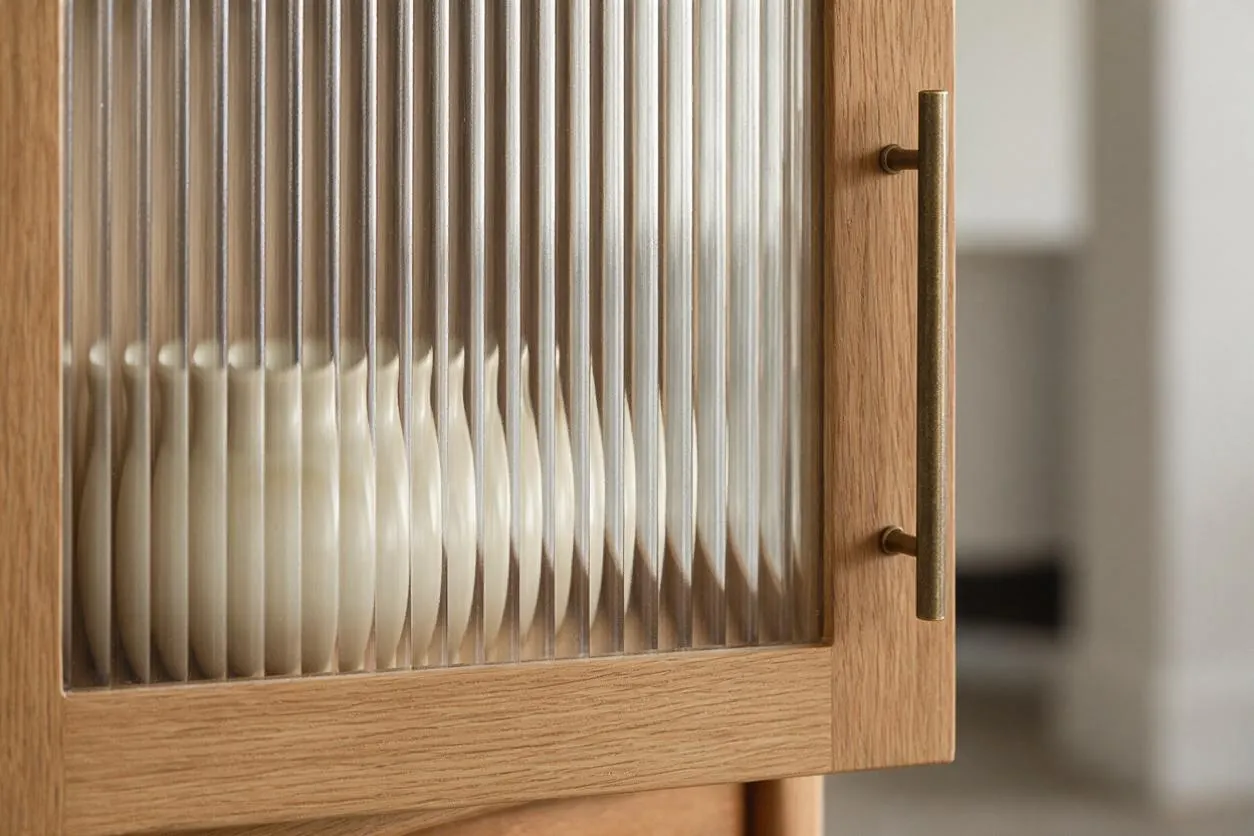 A close-up view of a light oak cabinet door with vertical reeded glass panels and a slim brass handle. Through the textured glass, stacked white dishes are visible, creating a soft, refined transitional look.