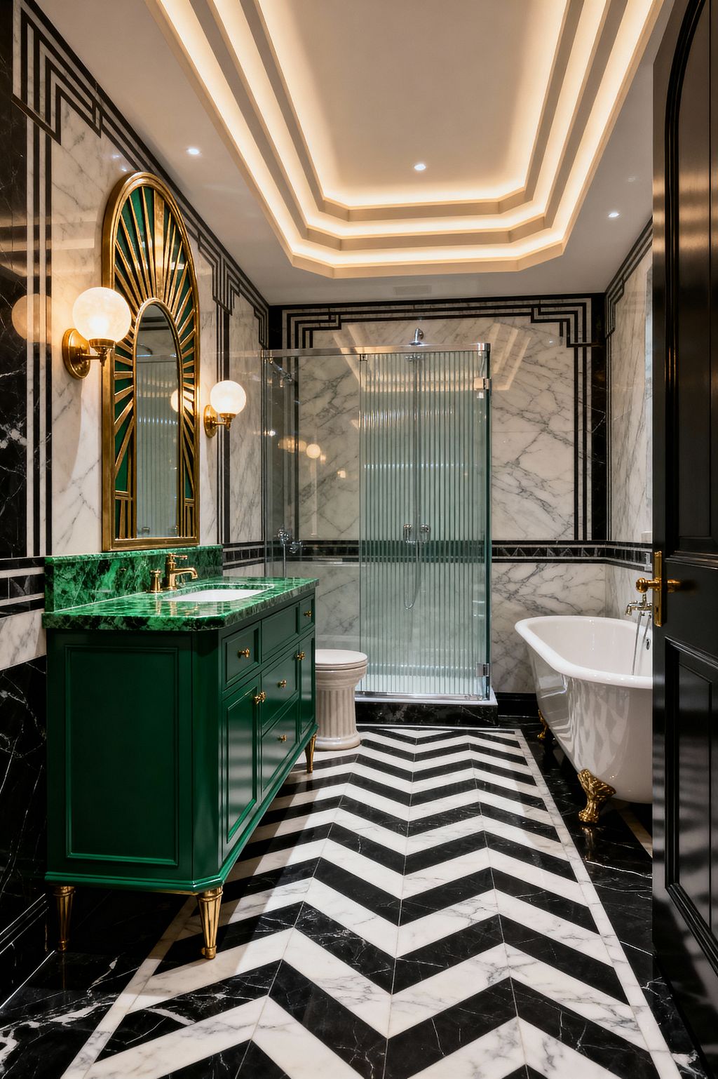 A luxurious Art Deco bathroom shows an emerald green vanity with a green marble countertop, brass faucet, and an arched sunburst mirror with green and brass detailing, flanked by globe sconces. White and black veined marble walls with geometric borders meet a bold black-and-white chevron marble floor. At the back is a shower enclosed with reeded glass, opposite a white claw-foot tub with gold feet. A stepped ceiling with warm cove lighting and recessed spots completes the scene.