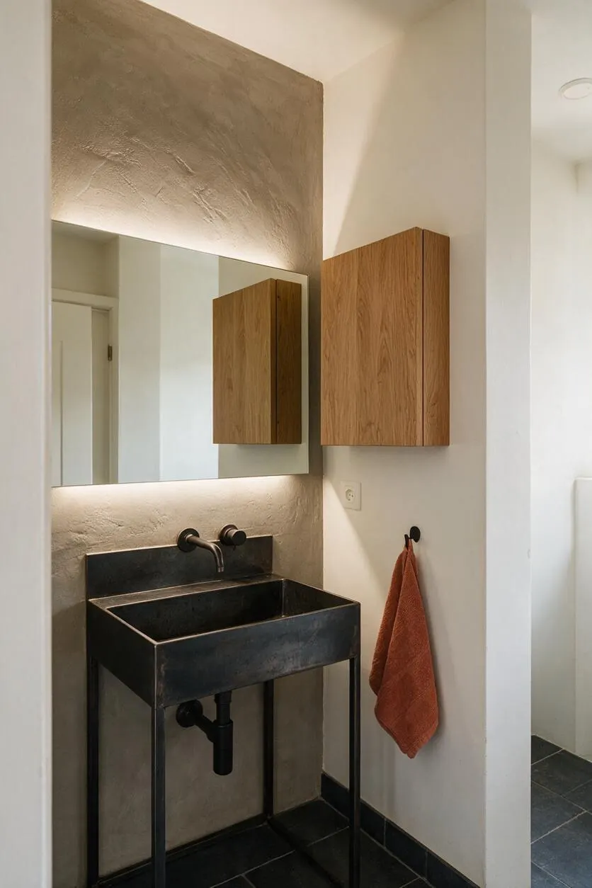 A compact bathroom with a black metal and stone sink stand, a rectangular mirror, and warm oak wall cabinets. Textured beige plaster walls and dark floor tiles create a minimalist Brutalist look, accented by a rust-colored towel.