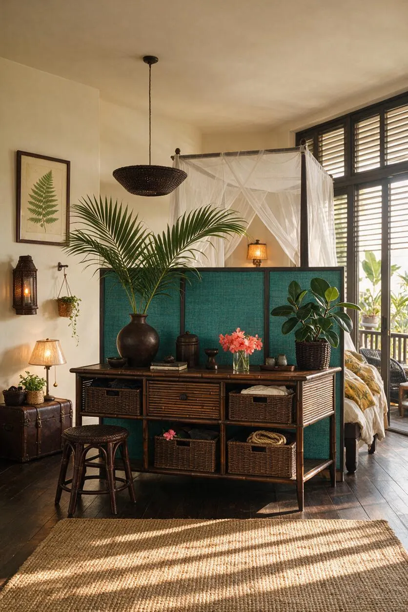 A tropical-style sunroom with dark wood floors, a woven pendant light, and a teal woven cabinet used as a room divider. The space includes palm fronds, rattan baskets, a sheer canopy, potted plants, and a woven rug, with large shuttered windows bringing in soft daylight.