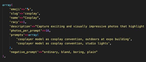 The image displays a code snippet related to a cosplay photo shoot configuration.