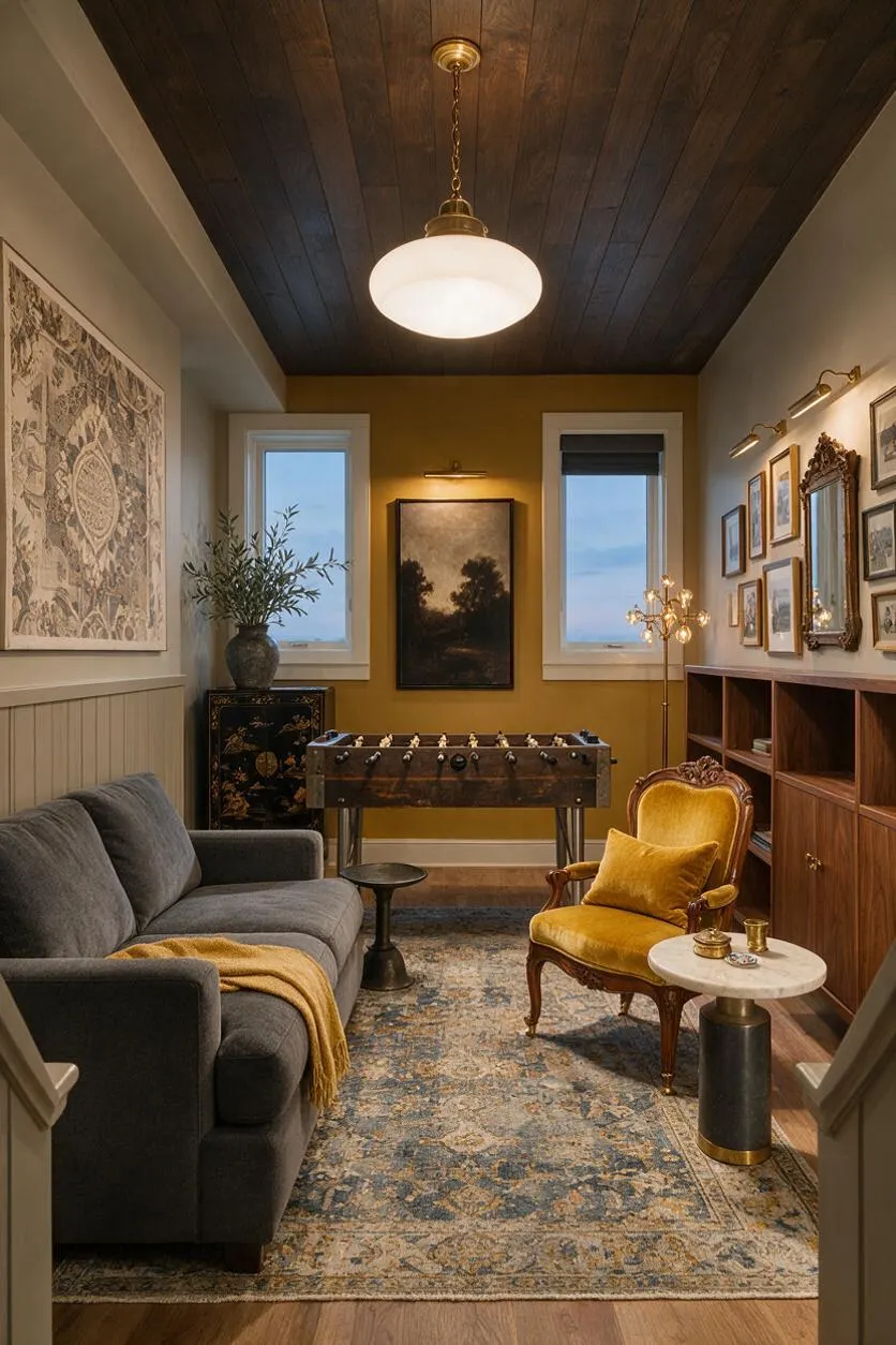 A narrow eclectic game room features a foosball table centered against a mustard yellow back wall, flanked by two tall windows. A dark gray sofa sits on the left, while a carved vintage-style yellow velvet chair and small round side table anchor the right side. Framed art, a patterned rug, wood cabinetry, and a dark wood ceiling with a globe pendant complete the cozy space.