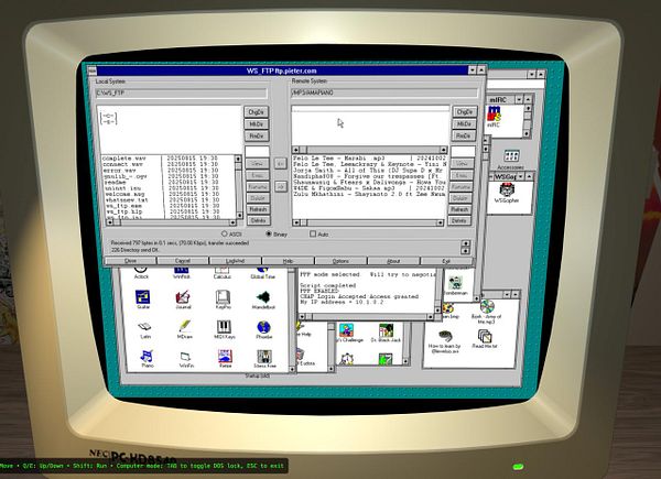 The image displays a retro computer monitor showing an FTP client interface with file listings and system information.