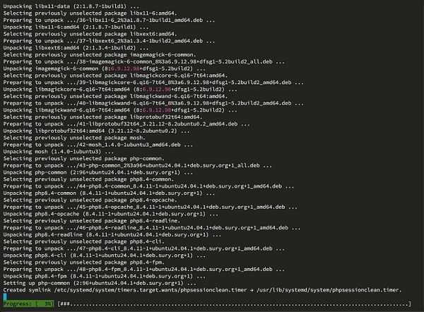 The image displays a terminal window showing the process of unpacking and installing various software packages on a Linux system.