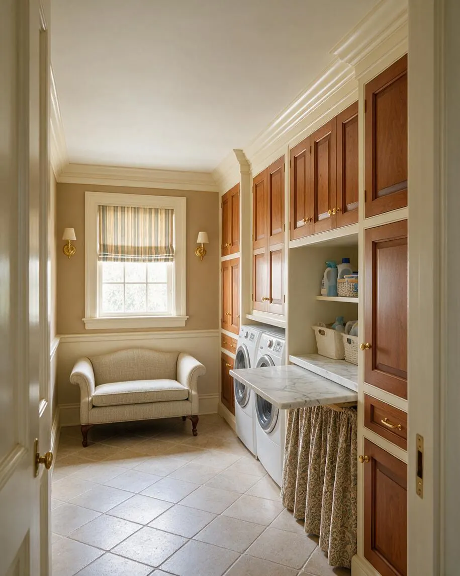 A traditional basement laundry room with warm wood built-in cabinets lining one wall, a front-loading washer and dryer beneath a marble folding counter, and a small upholstered loveseat by a window. Beige tile flooring, cream trim, brass wall sconces, and soft neutral walls create a refined, tucked-away utility space.