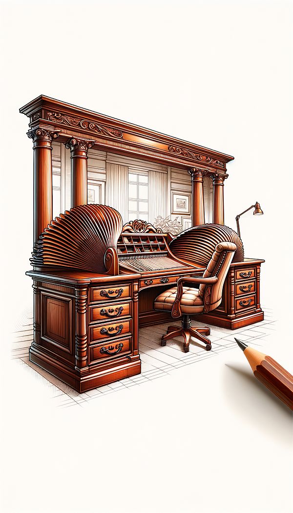 An elegant office space featuring a mahogany Tambour desk with intricately assembled wooden slats rolled open to reveal the desk's interior.