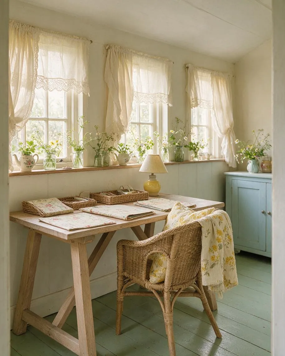 A cozy cottagecore home office with a rustic wooden desk, woven chair, and pastel green painted floor. Sheer cream curtains filter sunlight through three windows lined with small glass vases of wildflowers, while floral stationery, wicker baskets, and a pale blue cabinet add a soft, vintage feel.