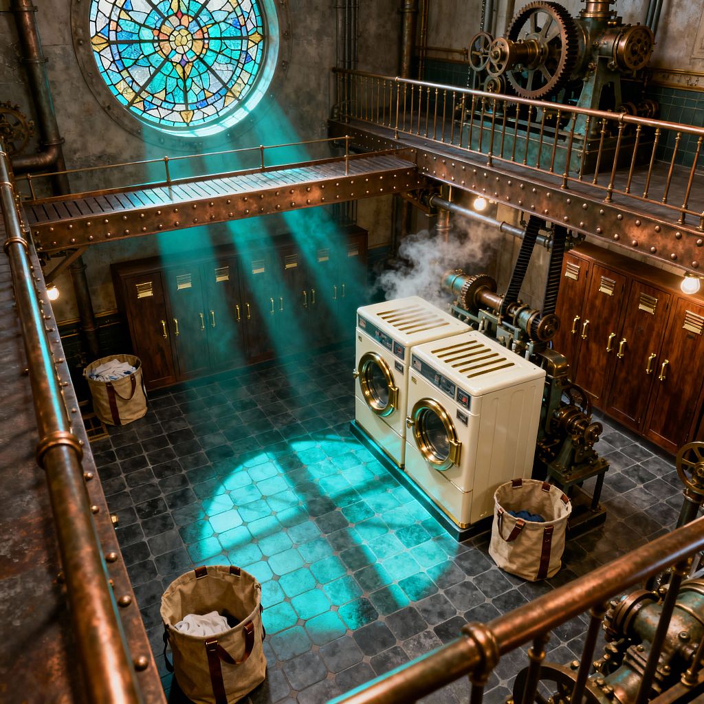 A high-ceilinged steampunk laundry room features two cream washers with brass porthole doors, connected to exposed gears and belts. Copper pipes and a riveted metal catwalk ring the space, while a round stained-glass window casts teal beams across charcoal slate tiles. Dark walnut lockers with brass pulls line the walls, canvas hampers sit on the floor, and warm industrial lights glow through drifting steam.