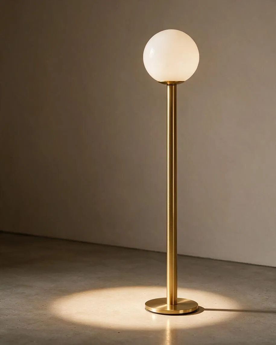 A modern floor lamp with a slim brass stem and round frosted globe shade stands on a simple circular base. Warm light pools onto the concrete floor against a neutral wall, creating a calm, minimalist atmosphere.