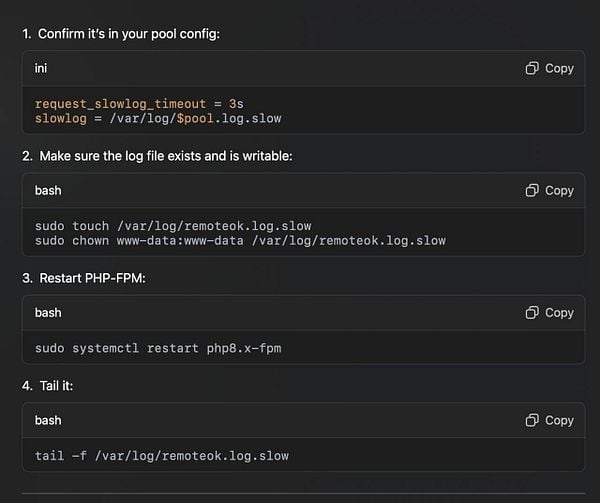 The image displays a series of command-line instructions for troubleshooting slow performance on a server.