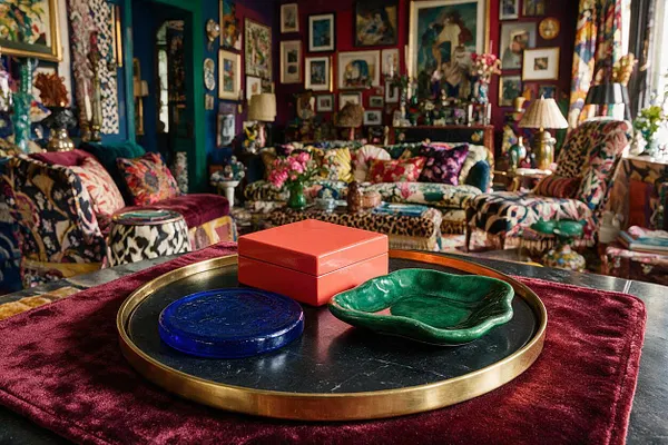 A richly decorated maximalist living room filled with patterned sofas, framed artwork, colorful lamps, and layered textiles. In the foreground, a brass tray holds a black marble surface with a coral box, a deep blue disk, and a green ceramic dish on a burgundy velvet cloth.