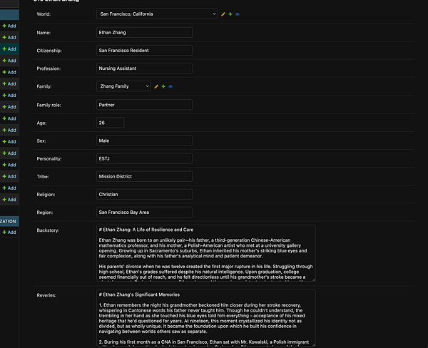 The image displays a character profile for Ethan Zhang, detailing his personal background and attributes.