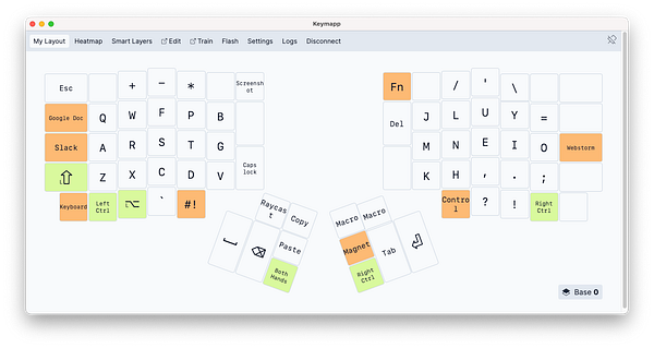The image displays a keyboard layout configuration interface for a COLEMAK-DH split keyboard.