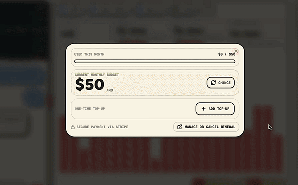 A mobile app interface displaying a budgeting and recharge modal with itemized options and a total cost.