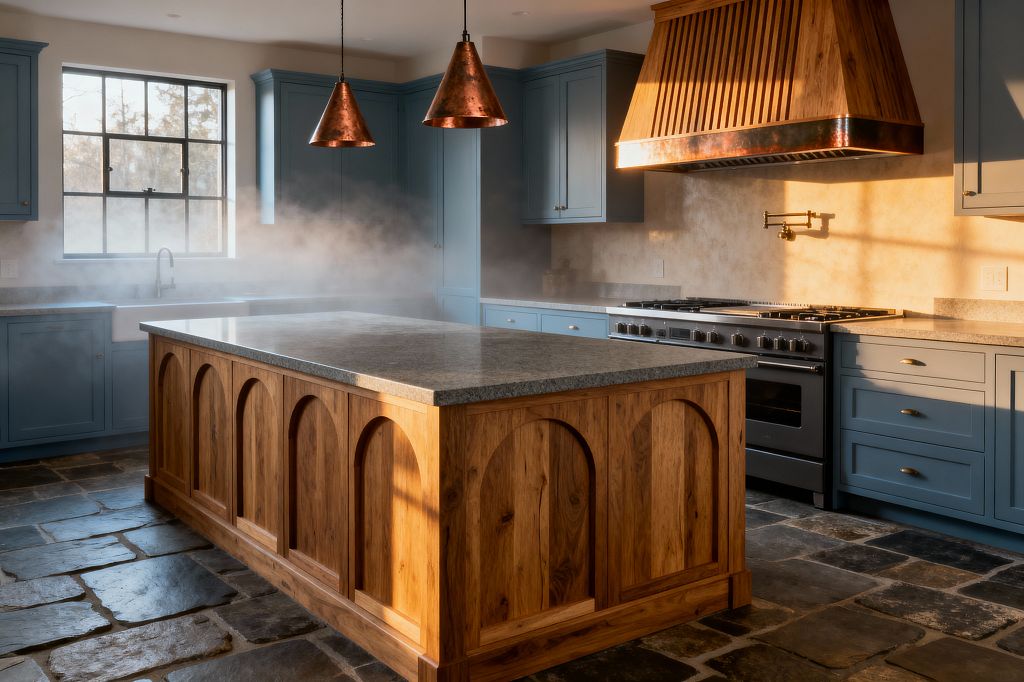 A sunlit transitional kitchen features dusty-blue Shaker cabinets surrounding a large oak island with arched paneling and a honed gray stone top. Two copper cone pendants and a wood range hood with a copper band coordinate with brass hardware and a wall-mounted pot filler. A white apron-front sink sits beneath a black-grid window, a professional range anchors one side, and textured flagstone flooring and a pale plaster backsplash complete the space with light steam in the air.