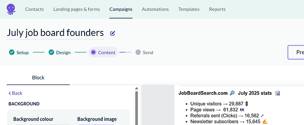 The image displays a user interface for creating a newsletter campaign focused on job board founders.