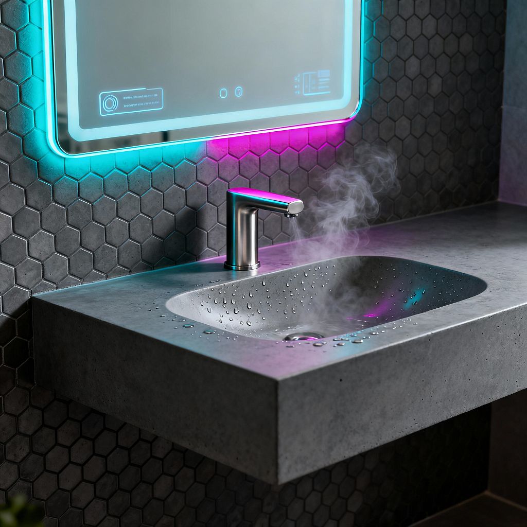 Close-up of a futuristic bathroom vanity featuring a thick, rectangular concrete countertop with an integrated basin and water droplets. A minimalist touchless faucet in brushed stainless steel sits above the sink, while steam rises and cyan-magenta LED edge lighting from a frameless smart mirror washes the charcoal hexagon tile backsplash and reflects in the bowl, creating a cool, high-tech ambiance.