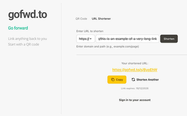 The image displays a URL shortening interface from the website gofwd.to.