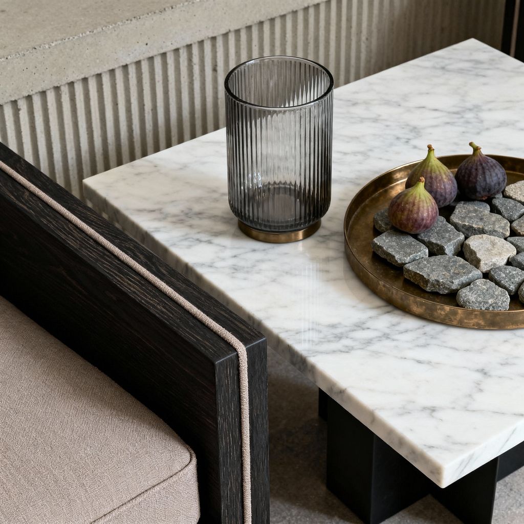 A close-up patio vignette features a rectangular white marble coffee table on a black base. On the surface, a ribbed smoked-glass vase with a bronze foot sits beside a round brass tray holding gray stones and three figs. To the left, an outdoor sofa with an ebonized wood frame and taupe cushions shows tailored piping along the arm. Behind, a light gray fluted concrete bench forms the backdrop, blending natural textures with simple, contemporary lines.