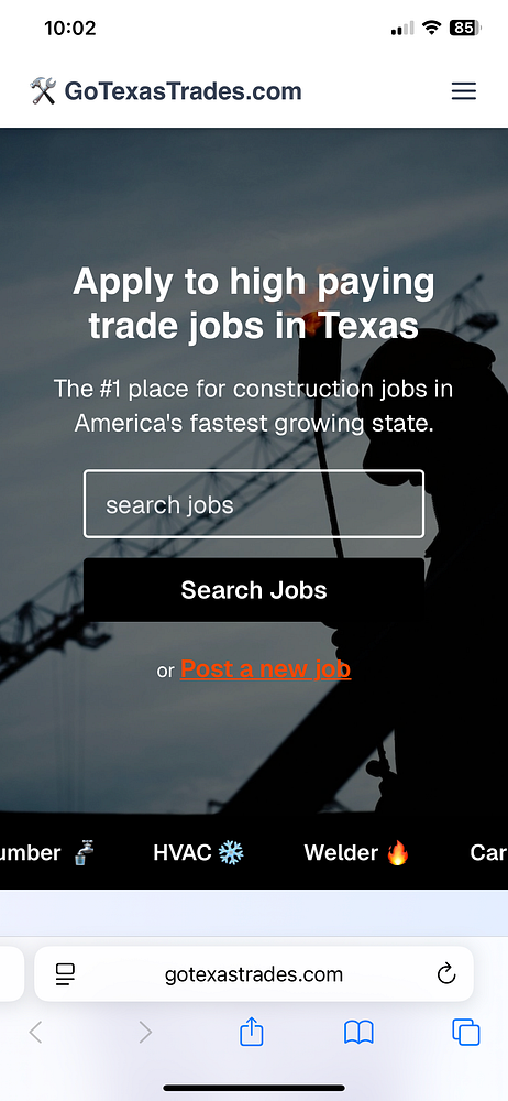 The image displays a mobile homepage for GoTexasTrades.com, promoting high-paying trade jobs in Texas.