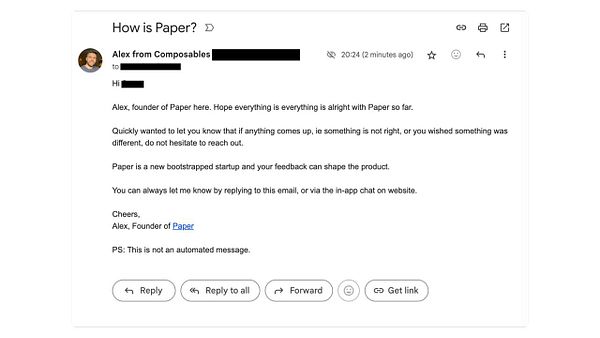 An email from Alex, the founder of Paper, reaching out to a new customer.