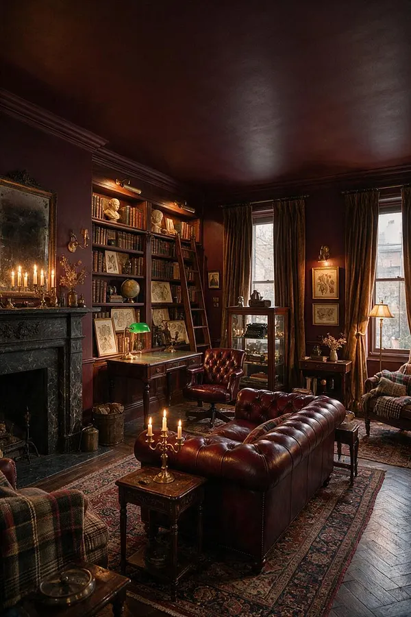 A dark academia living room with deep burgundy walls and ceiling, a carved black fireplace, tall bookcases filled with old books and busts, and a burgundy tufted leather sofa on patterned rugs. Large windows are dressed with heavy brown drapes, while warm lamps and candles create a scholarly, intimate atmosphere.