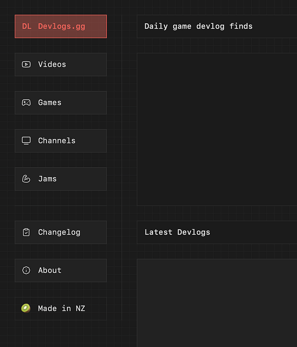 The image displays a user interface for a game development logging website with a dark theme and a structured layout.