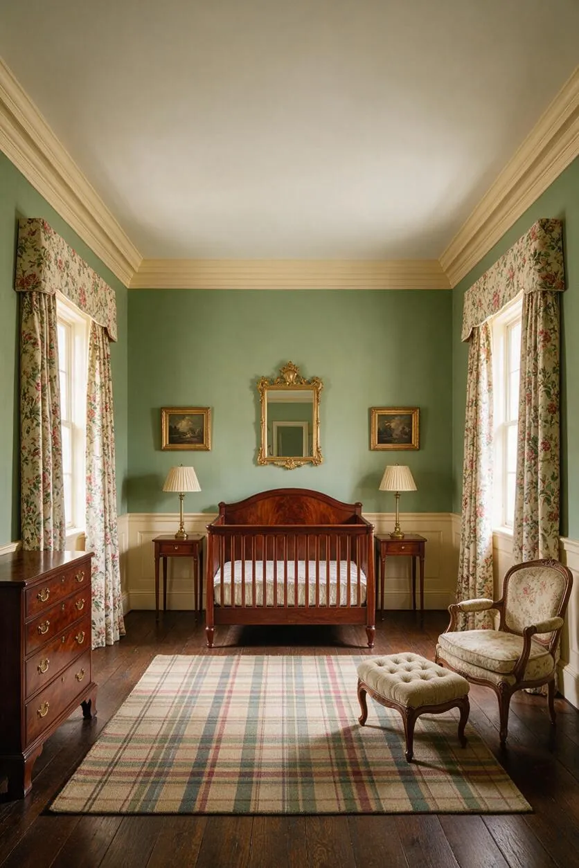 A traditional nursery with sage green walls, cream crown molding, and dark wood floors. A polished wood crib sits centered between two small side tables with brass lamps, with floral drapes, a plaid area rug, antique-style mirror, framed art, and a vintage chair and ottoman completing the room.