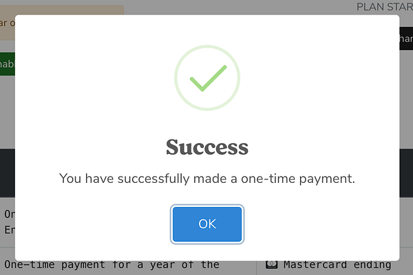A confirmation message indicating a successful payment for a service renewal.