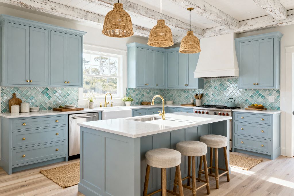 A bright coastal kitchen featuring powder-blue Shaker cabinets with brass knobs and white quartz countertops. A white farmhouse sink sits under a wide window, and a sea-glass mix of aqua square tiles forms the backsplash. The island includes a secondary sink and three linen-topped wood stools. Rattan pendant lights hang from whitewashed ceiling beams. Light oak flooring, jute rugs, stainless appliances, and a white range hood complete the airy space.