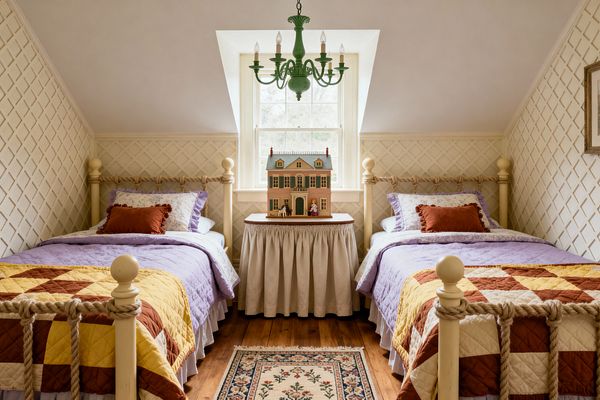A symmetrical kids' bedroom with two cream-painted twin beds flanking a dormer window beneath a green candelabra chandelier. Beds have rope rails, lavender quilts, russet pillows, and patchwork throws; a skirted center table displays a dollhouse; cream diamond-lattice walls, a small floral bordered rug, and warm hardwood floors create a cozy traditional atmosphere.